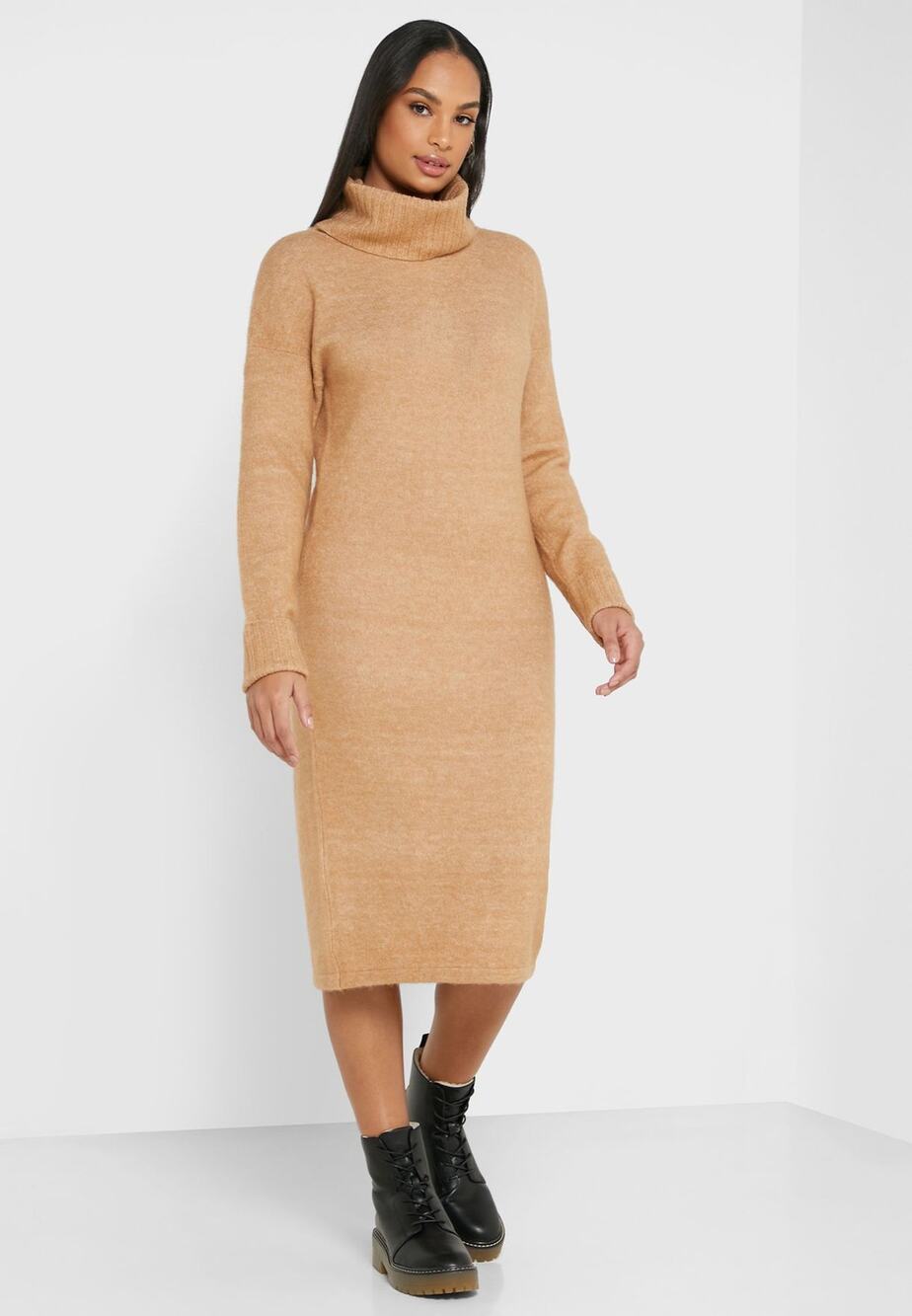 Vero Moda Cowl Neck Knitted Sweater Dress Long Sleeve Brown/Melange Size X-Large